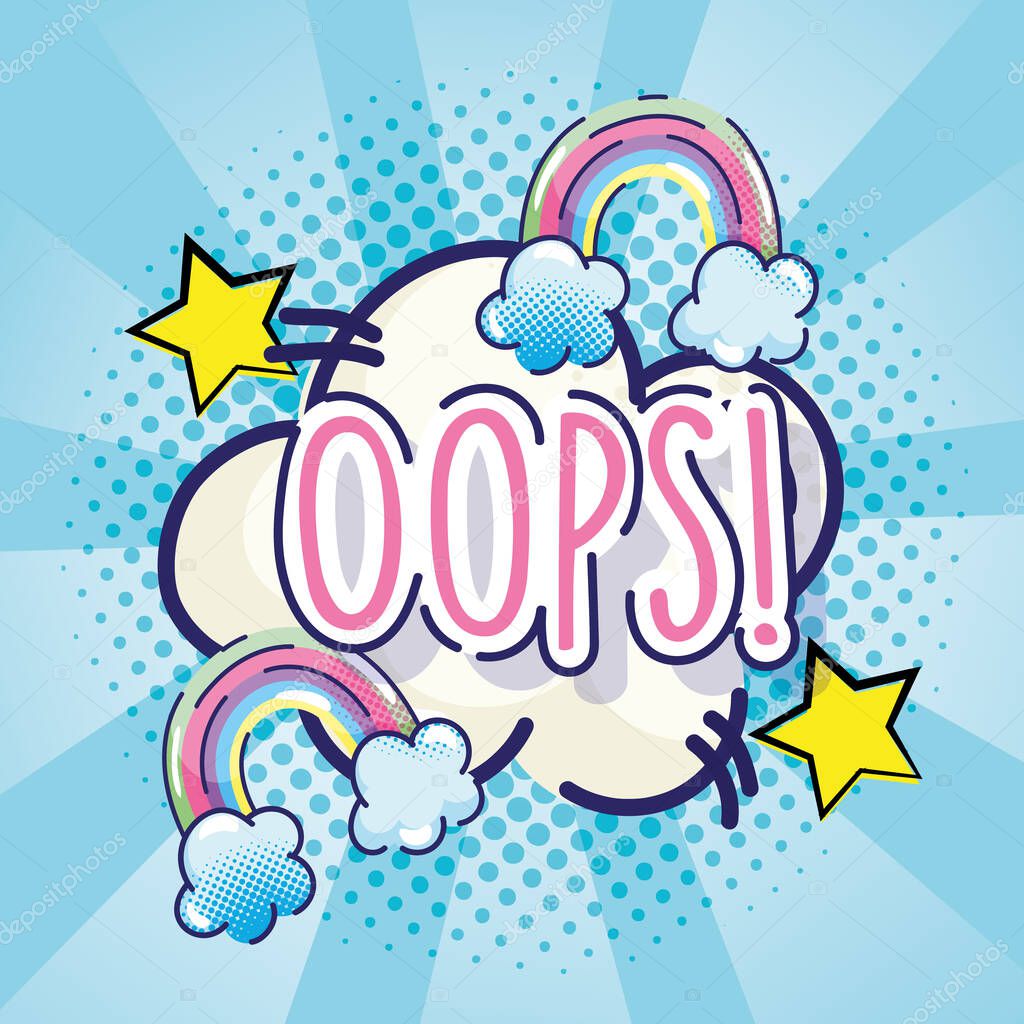 pop art oops word rainbows stars and cloud blue halftone background