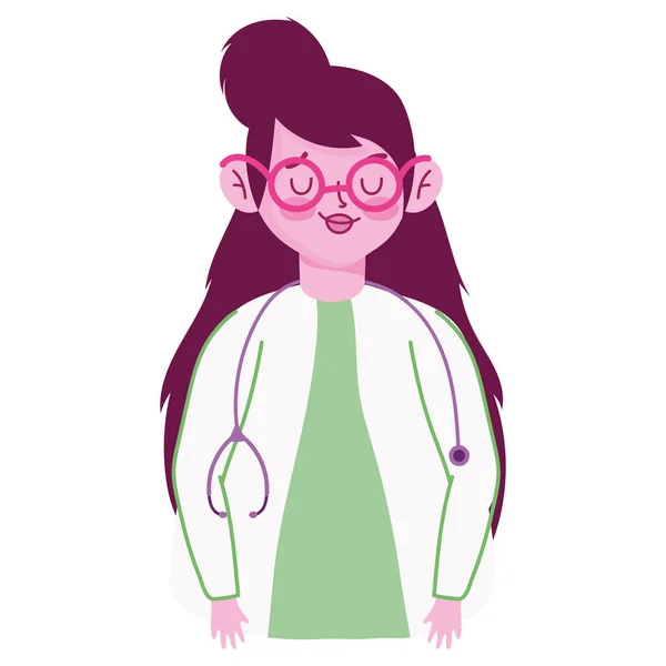 Mujer médico de dibujos animados con estetoscopio fondo blanco — Vector de stock