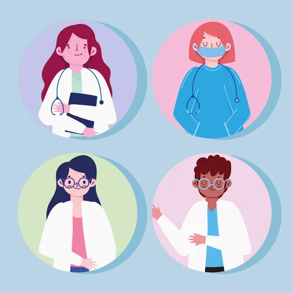 Γιατροί γυναίκες και άνδρες με προστατευτικές στολές μάσκα εικονίδια στυλ — Διανυσματικό Αρχείο