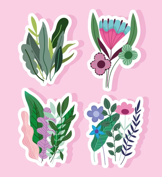 Set stickers met bloemen bladeren natuur decoratie — Stockvector