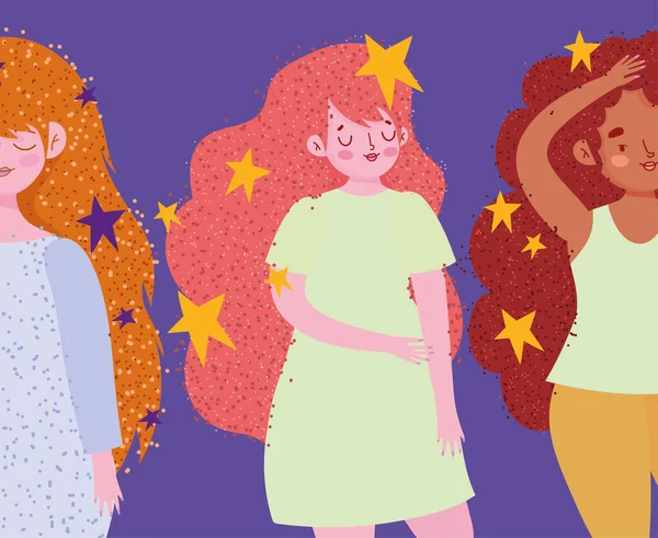 Grupo de mujeres hermosas con el pelo largo y estrellas decoración — Vector de stock