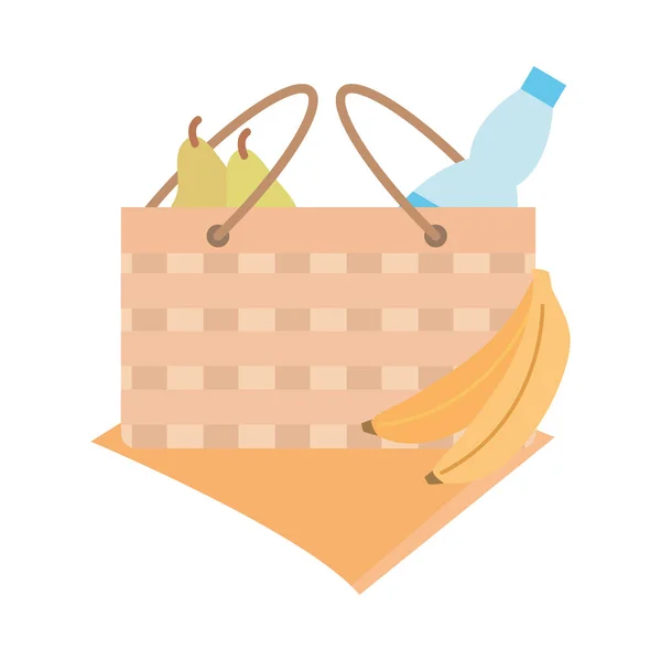Piknikový koš s ovocnými banánovými hruškami a lahví s vodou — Stockový vektor