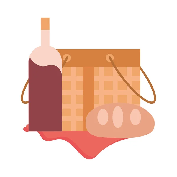 Panier pique-nique avec pain frais et bouteille de vin — Image vectorielle