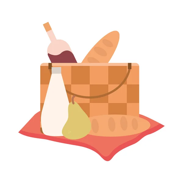 Piknik sepeti şarap şişesi ekmek armut ve meyve suyu. — Stok Vektör