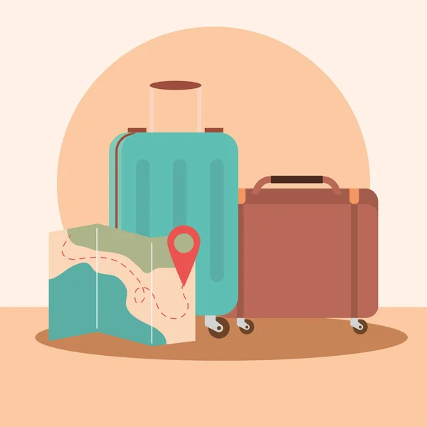 Utazás nyaralás bőröndök poggyász és GPS navigációs hely mutató térkép — Stock Vector