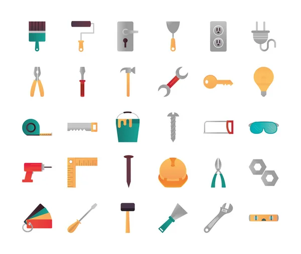 Réparation à domicile outils et équipements de rénovation icônes brosse règle règle ruban mesure perceuse — Image vectorielle