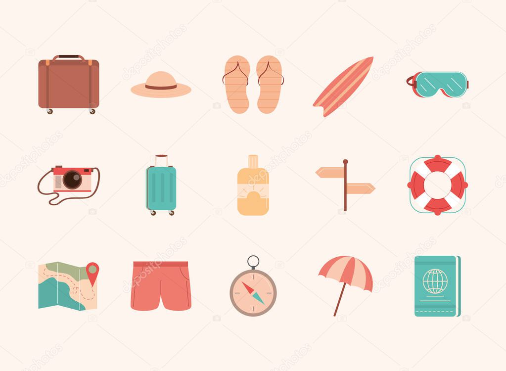 travel vacations summer tourism relax icons set