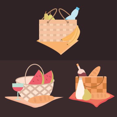 piknik sepeti. Meyve, ekmek, şarap şişesi ve su.