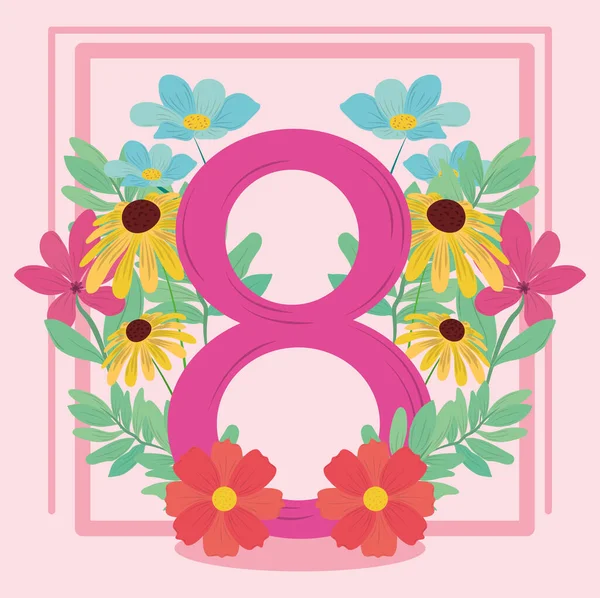 Día de las mujeres ocho flores de marzo tarjeta de felicitación floral — Vector de stock