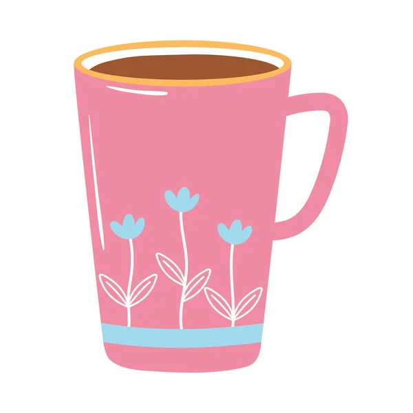 Tasse à thé et café avec icône de fleurs imprimées sur fond blanc — Image vectorielle