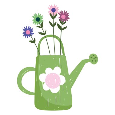 Bahçe sulama tenekesi, çiçekler, doğa, el, renk.