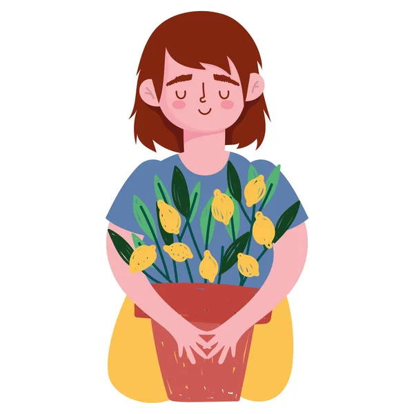 Jardinería, chica con planta de limón en la olla — Vector de stock