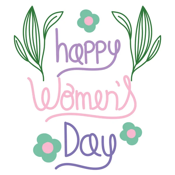 Feliz día de las mujeres texto manuscrito y flores celebración de dibujos animados — Vector de stock