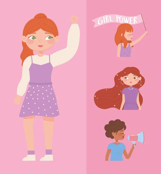 Día de las mujeres, fuerte grupo femenino retrato de dibujos animados, poder de la muchacha — Vector de stock