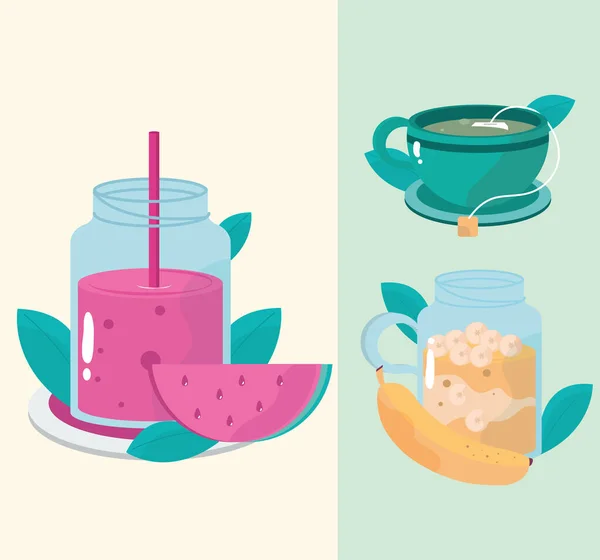 Hälsosamma måltider te juice frukt banan och vattenmelon — Stock vektor
