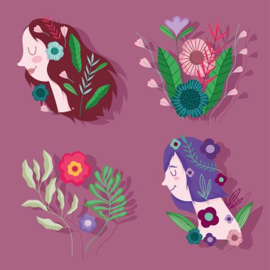 Kadınlar günü, güzel çiçekli kadınlar çizgi filmi kutluyor.