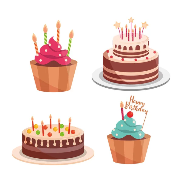 Birthday cakes and cupcakes candles lettering celebration and decoration — Stock Vector