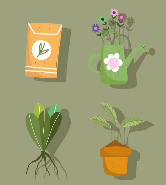 Jardinería icono conjunto regadera puede plantas y semillas paquete dibujado a mano color — Archivo Imágenes Vectoriales