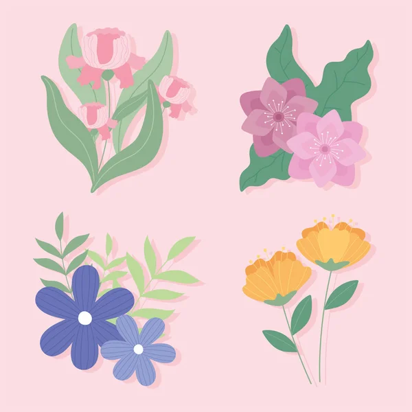 Conjunto de flores, hojas de flores naturaleza y decoración botánica — Vector de stock