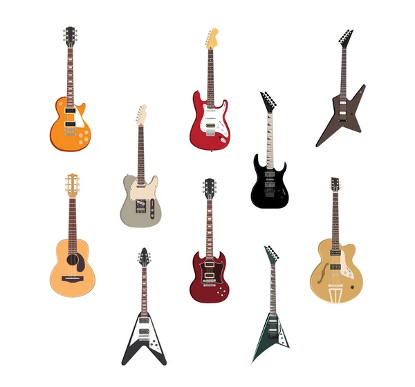 Guitarra rock elétrica, jazz acústico e instrumentos de música cordas de metal —  Vetores de Stock