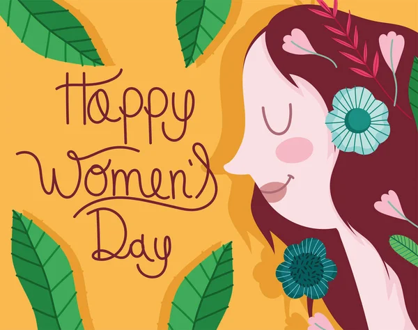 Feliz día de las mujeres, cara de mujer con dibujos animados decoración de flores — Vector de stock