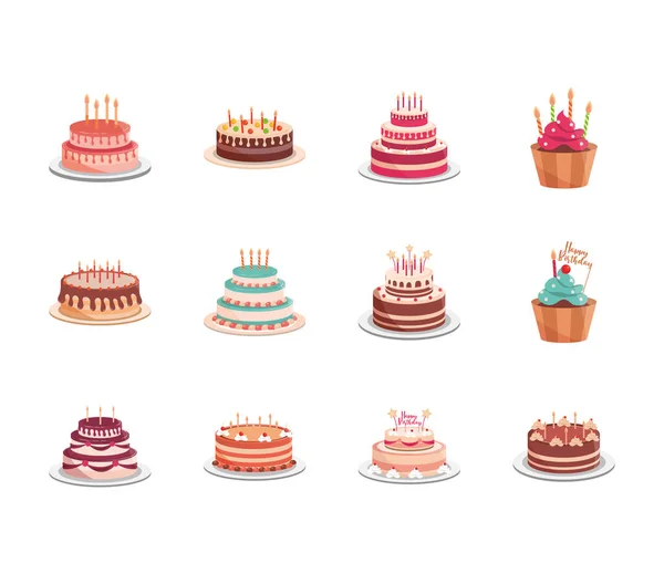 Birthday delicious baked cakes cupcakes decorated confectioneries with glaze — Stock Vector