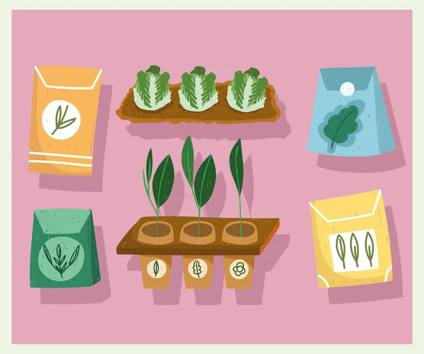 Ícones de jardinagem conjunto plantação plantas e sementes mão cor desenhada — Vetor de Stock