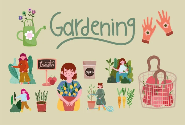 Jardinería, gente jardín naturaleza plantas zanahorias guantes herramientas — Vector de stock