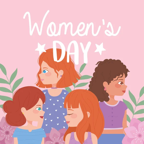 Kadınlar Günü Profil Grubu Kadın Karikatür Çiçekleri — Stok Vektör