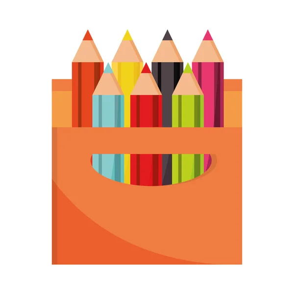 Lápices de educación escolar color en caja suministro icono plano — Vector de stock