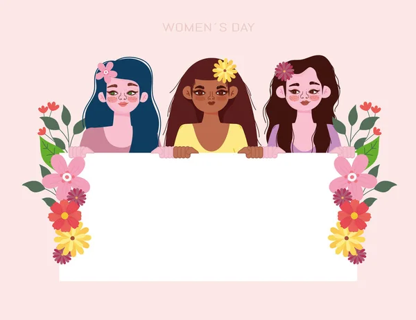 Vrouwendag jonge vrouwelijke cartoon met bloemen houdt spandoek — Stockvector