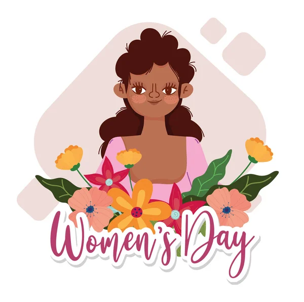 Vrouwen Dag schoonheid afro meisje met bloemen kaart — Stockvector