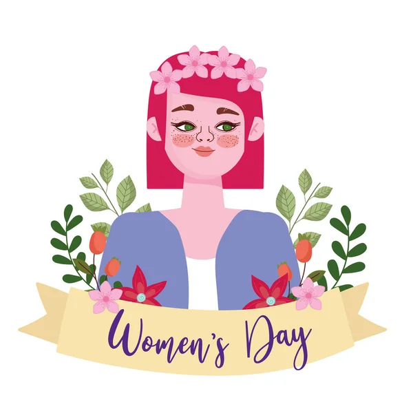 Vrouw dag schoonheid meisje met roze bloemen op haar hoofd in cartoon — Stockvector