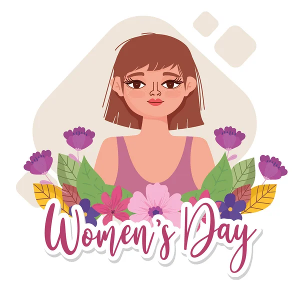 Vrouwen Dag cartoon portret jonge vrouw met bloemen kaart — Stockvector