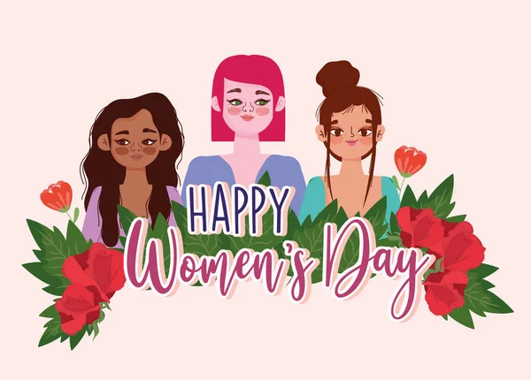 Womens Day hand drawn text and girls with flwoers decoration — Stock Vector