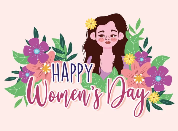 Womens Day portrait cartoon woman with flowers card — Stock Vector