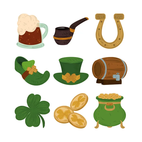 Felice st patricks giorno birra tubo ferro di cavallo barile scarpe cappello calderone trifoglio e monete icona vettore piatto — Vettoriale Stock