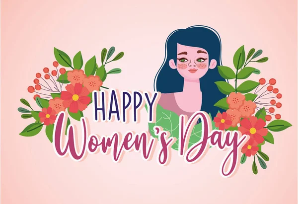 Womens Day lettering beauty girl with flowers card — Stock Vector