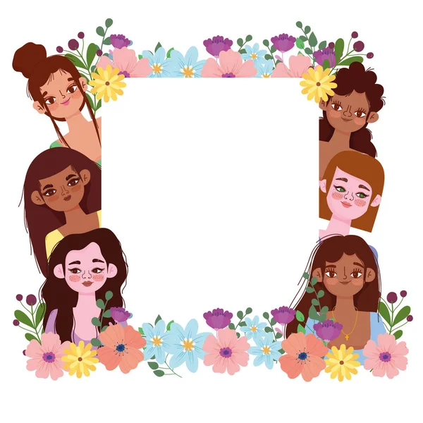 Vrouwen Dag schoonheid groep vrouwelijke bloemen frame decoratie banner — Stockvector