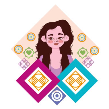 Genç kadın uzun saçlı çizgi film karakterleri soyut arka plan şekilleri