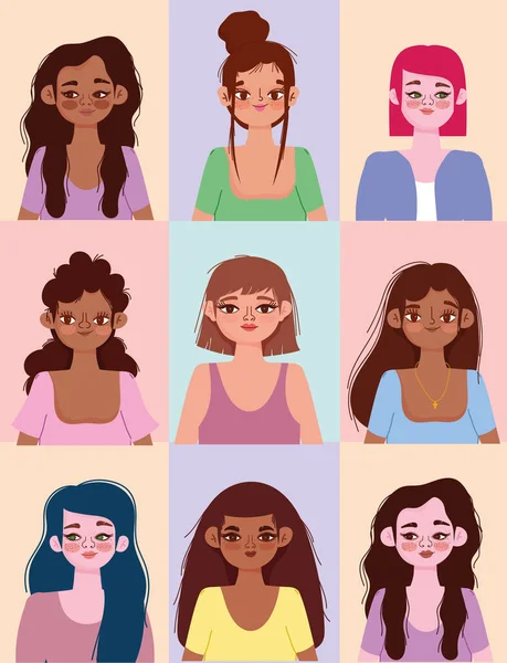 Diversité femmes différentes nationalités et cultures, divers avatars — Image vectorielle