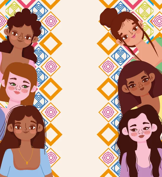 Junge Frauen verschiedene Gesichter Charaktere auf abstraktem Hintergrund — Stockvektor