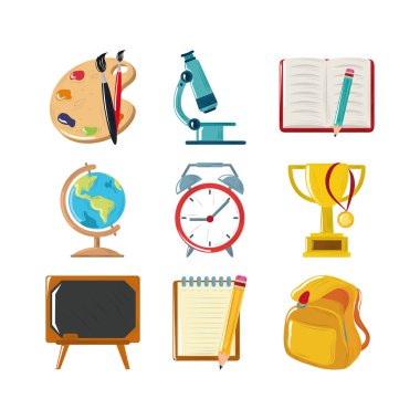 Okula geri dön. Mikroskop kitabı, saat, kupa, küre simgeleri.