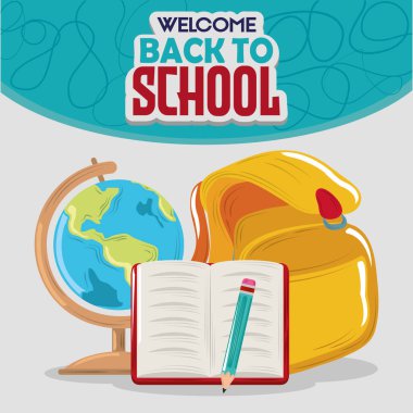 Okul eğitimine geri dön. Sırt çantası kitap haritası ve kalem.