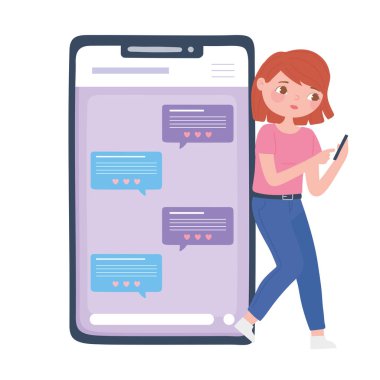 Telefondaki flört uygulaması, gezici arama romantik ilişkisi olan kız.