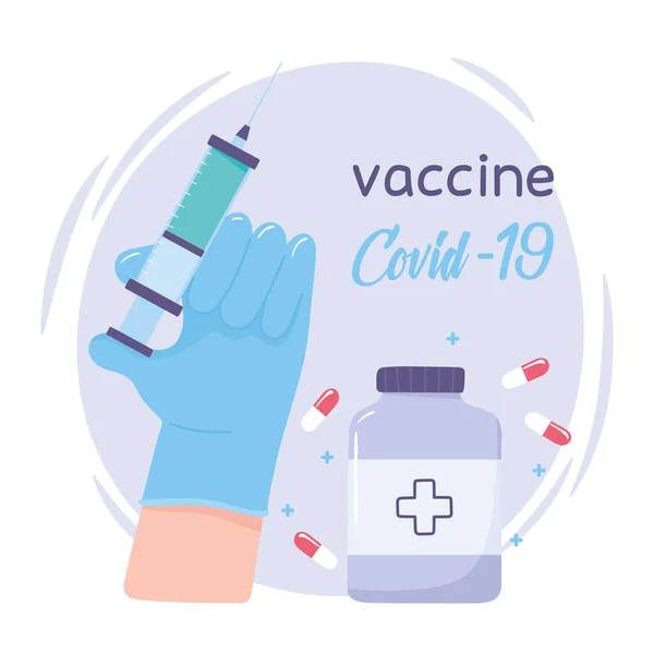 ワクチン針注射器薬カプセルコロナウイルスcovid 19 — ストックベクタ