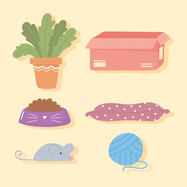 Set pictogrammen van plantenbox kussen speelgoed en bal voor huisdieren — Stockvector
