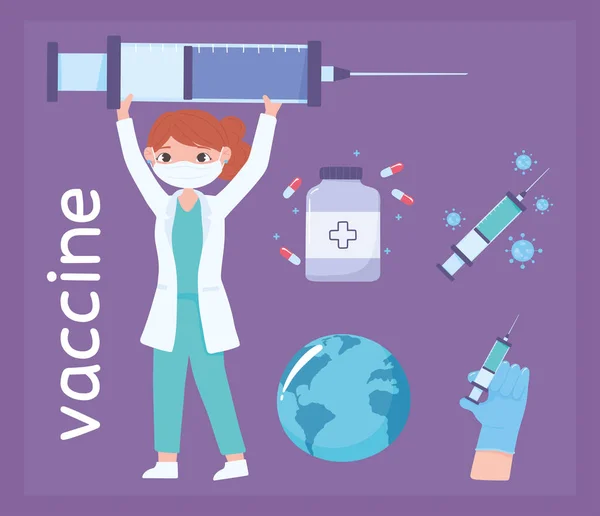 女性医師漫画注射器ワクチン医学と世界 — ストックベクタ