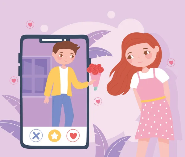 Online dating χρήστες app, ζευγάρι smartphone — Διανυσματικό Αρχείο
