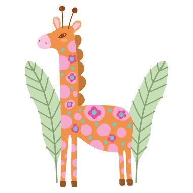 Üzerinde parmak izleri olan zürafa çiçekler soyut orman hayvanı vahşi yaşam çizgi film stili.